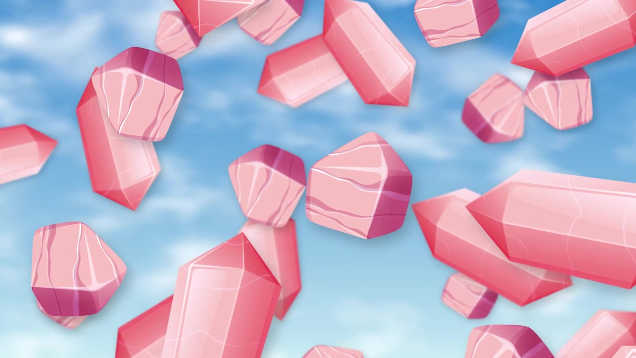 Stylized pink geometric crystals fall continuously against a bright blue sky with soft white clouds.