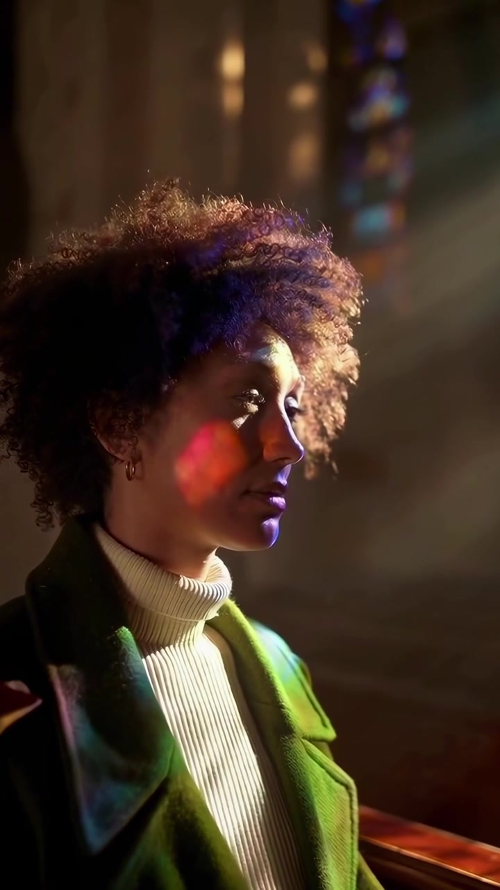 Donna pensierosa seduta in chiesa illuminata dalla luce delle vetrate colorate