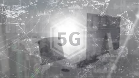 animation of 5g text over data processing and network of connections against empty office