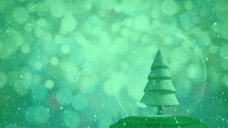 animation of christmas tree in snow globe and snow falling over green background