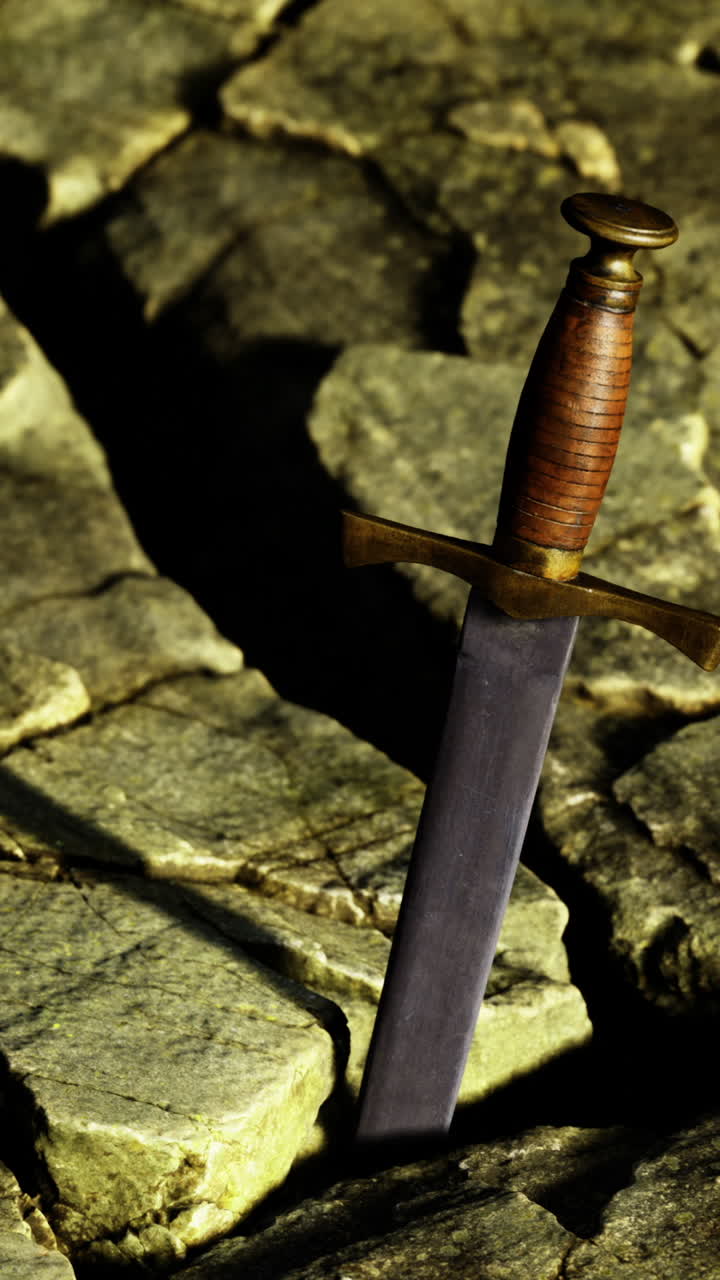 Espada majestosa cravada em uma rocha antiga sob iluminação mística