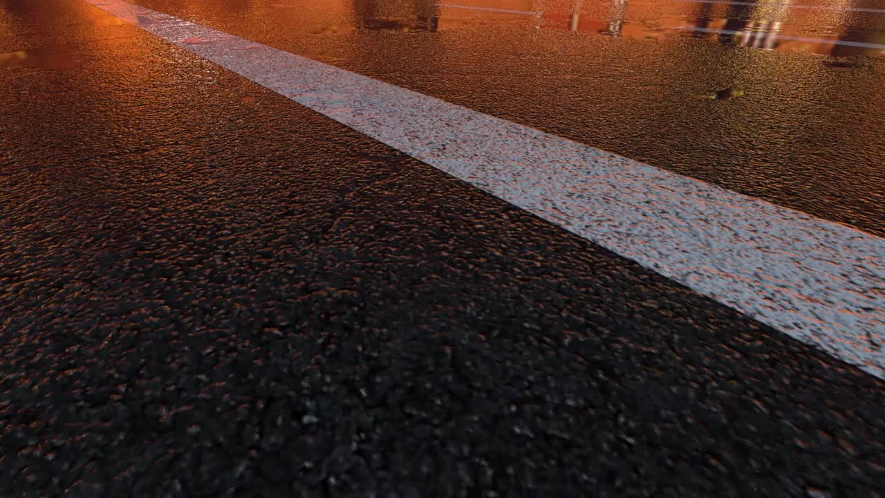 3D Heavy Rain Hitting Road At Night - 4K Realistic Rain Particle (Loopable) - Rainy Day on a colorful street with traffic - Wet Road At Night - Low angle shot of in the rain - Rainfall And Reflection On Road - Loopable Moving Image - England - Harrogate