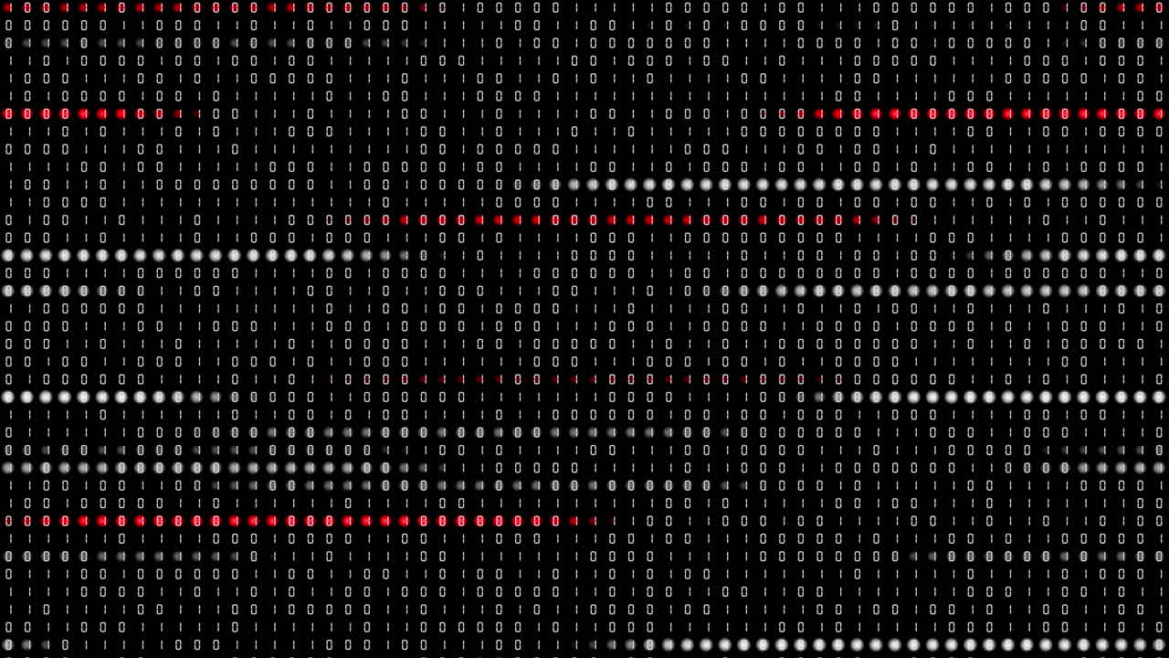 Binary code on black screen with round glowing red pixels. Variable digital computer code of ones and zeros. Looped animation with numbers in diodes.