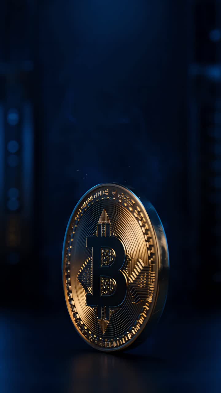 Animação de Bitcoin Dourado Girando em Fundo Escuro Cripto Cinematográfico 4K