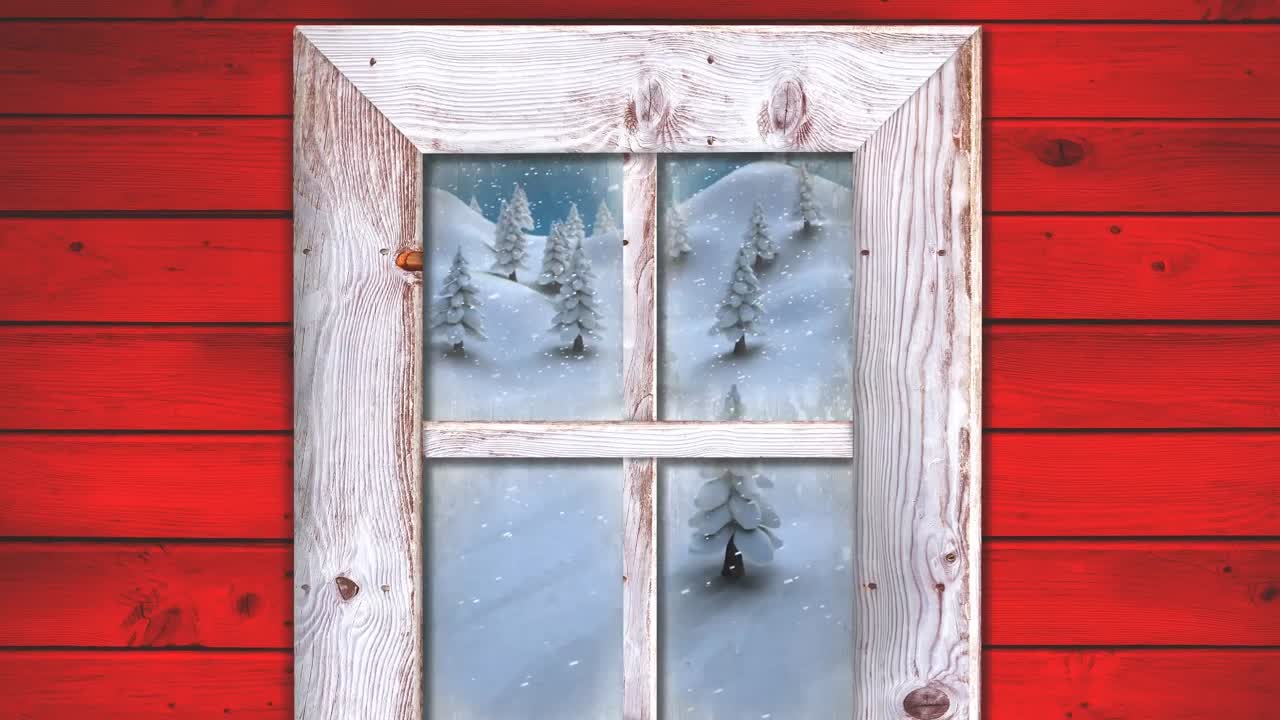 анимация падающего снега и рождественского зимнего пейзажа, виденного через окно