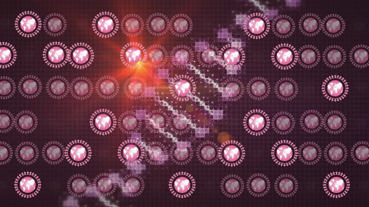 Animazione di un'elica di DNA digitale rotante su sfondo di icone grafiche di rete informatica