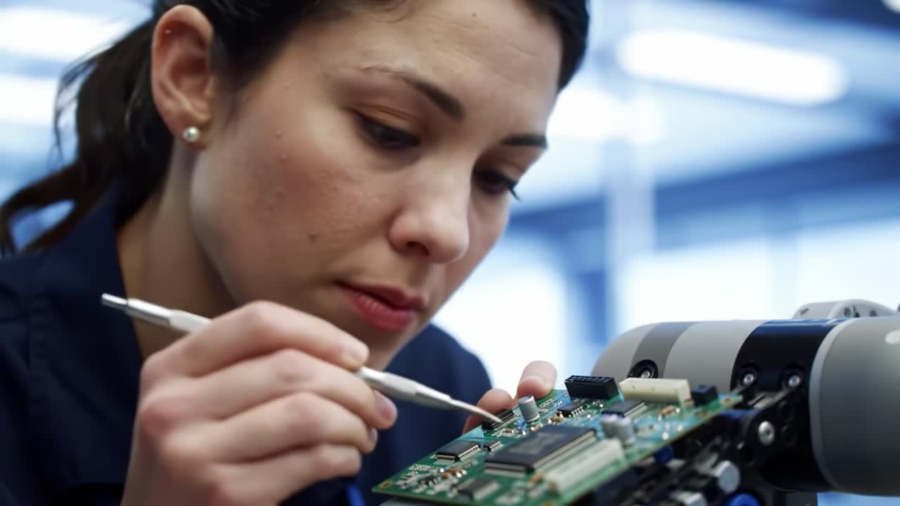 Focused Engineer Analyzing Circuit Board Components with Precision Tools in a Modern Laboratory Setting to Enhance Robotic Functionality and Performance