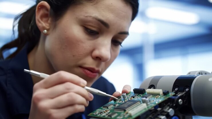 Focused Engineer Analyzing Circuit Board Components with Precision Tools in a Modern Laboratory Setting to Enhance Robotic Functionality and Performance