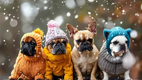 four dogs wearing winter clothes in the snow