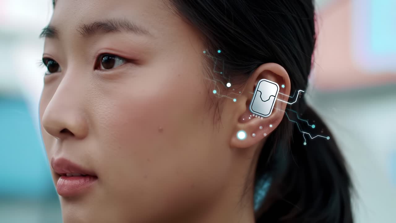 Captivating Close-Up of a Young Woman Wearing Wireless Earbuds with Ethereal Energy Connections in a Modern Urban Setting