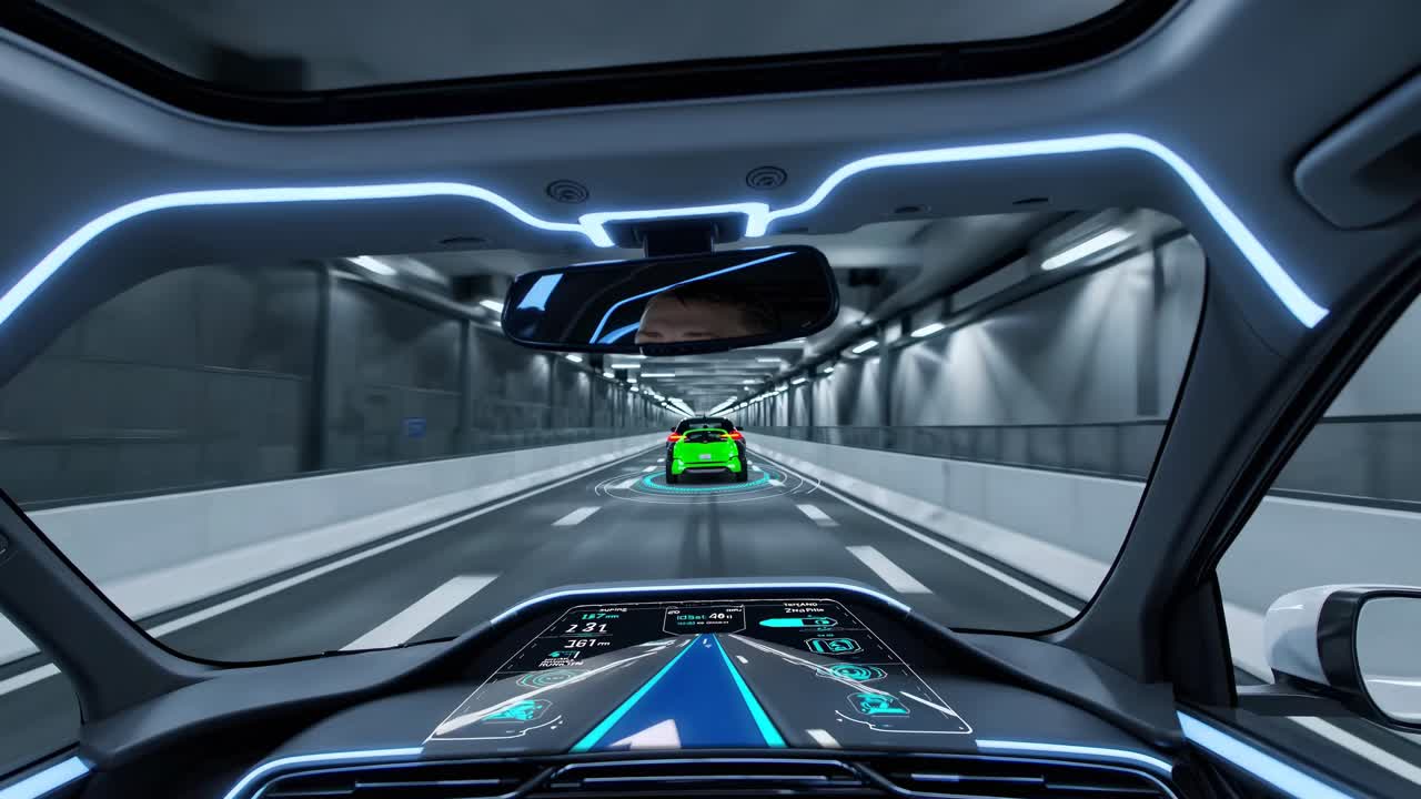 Autonomous Driving in a Tunnel - Futuristic Car Interior
