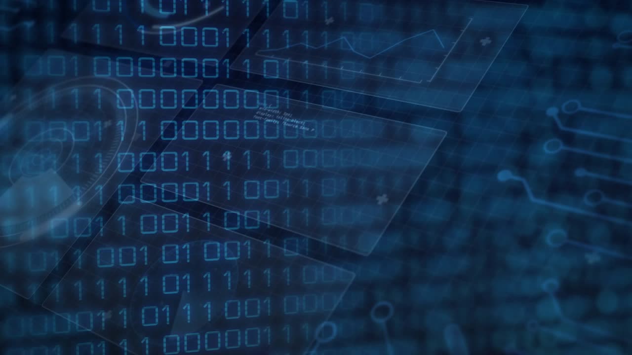 Showing binary stream, panels sliding, magnifier inspecting data, code fading for UI demo