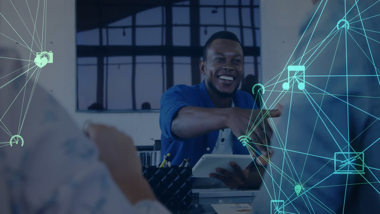 Globe of network of connections against office colleagues shaking hands