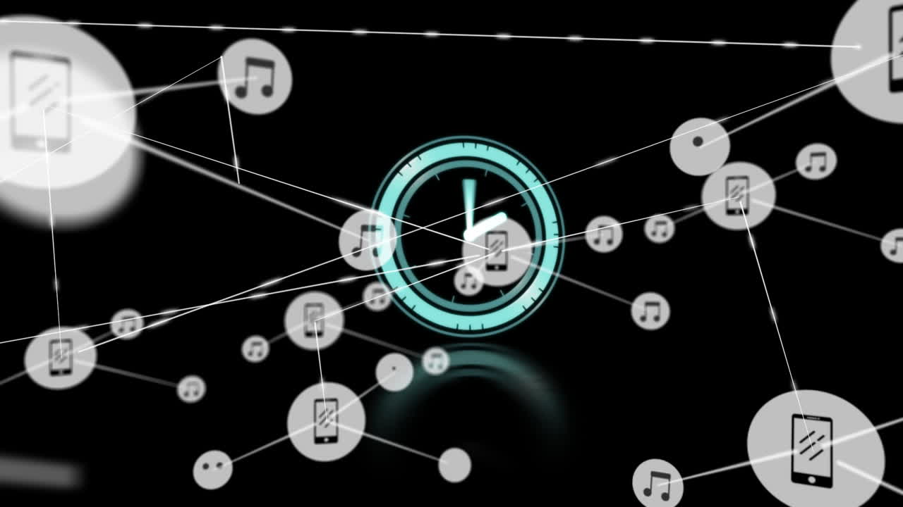Animation of network of connections with icons over moving clock on black background