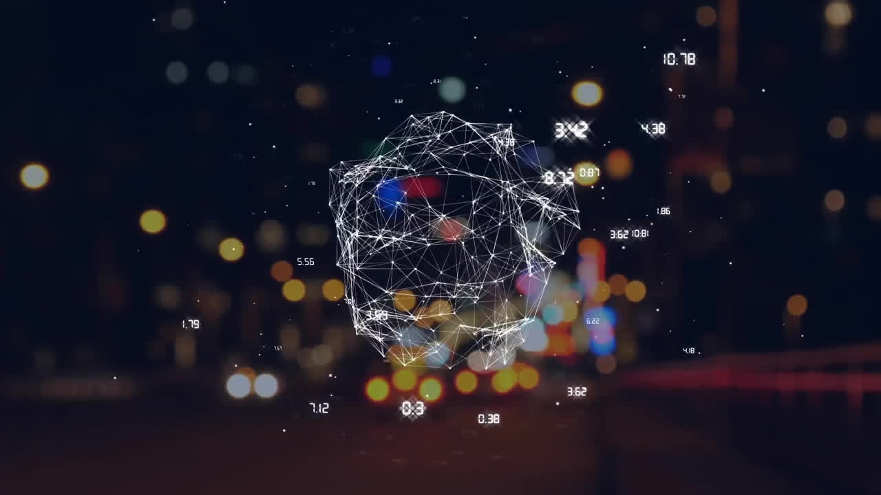 red geométrica y animación de puntos de datos sobre luces borrosas de la ciudad de fondo