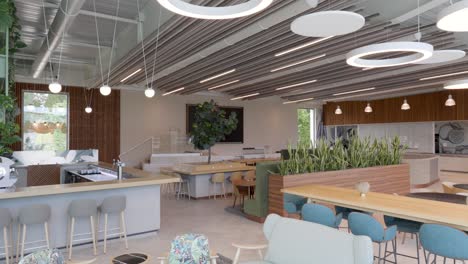 slow panning shot of an office interior with an empty kitchen area