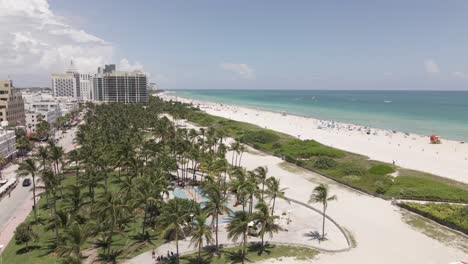 Low-flyover-of-palm-trees-and-sand-dunes-in-South-Beach-Miami,-Florida