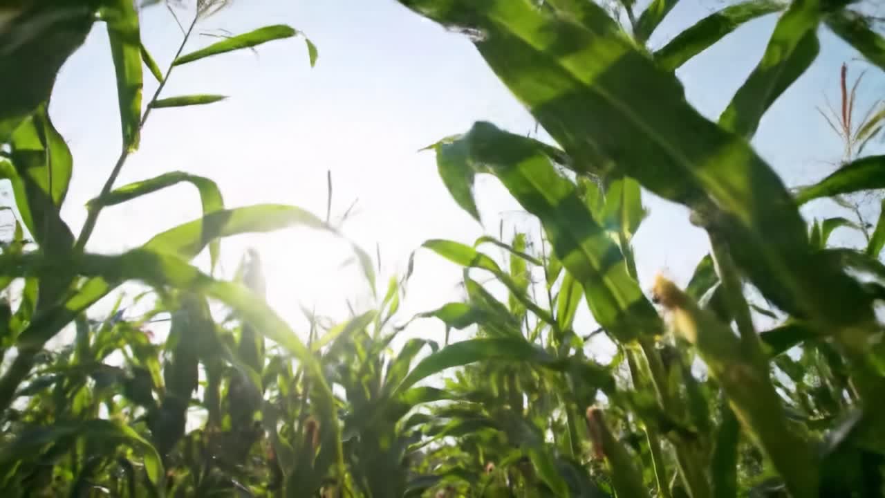 Lush Cornfields Under Bright Blue Skies: A Captivating View Through Tall Green Stalks Bathed in Sunlight