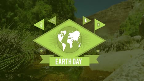 animation of earth day text over globe and landscape