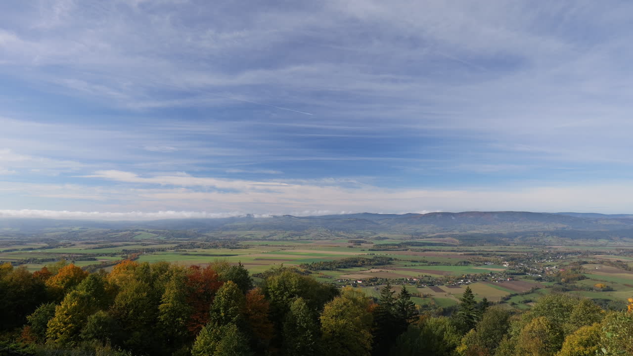 Time-lapse dall'alto di un paesaggio vallivo autunnale con nuvole e ombre in movimento.