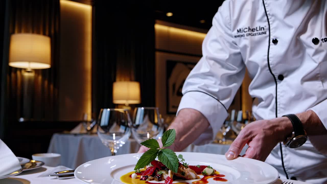 Professional chef carefully placing a gourmet dish on a table in an elegant restaurant setting, emphasizing the meticulous preparation and presentation of fine dining