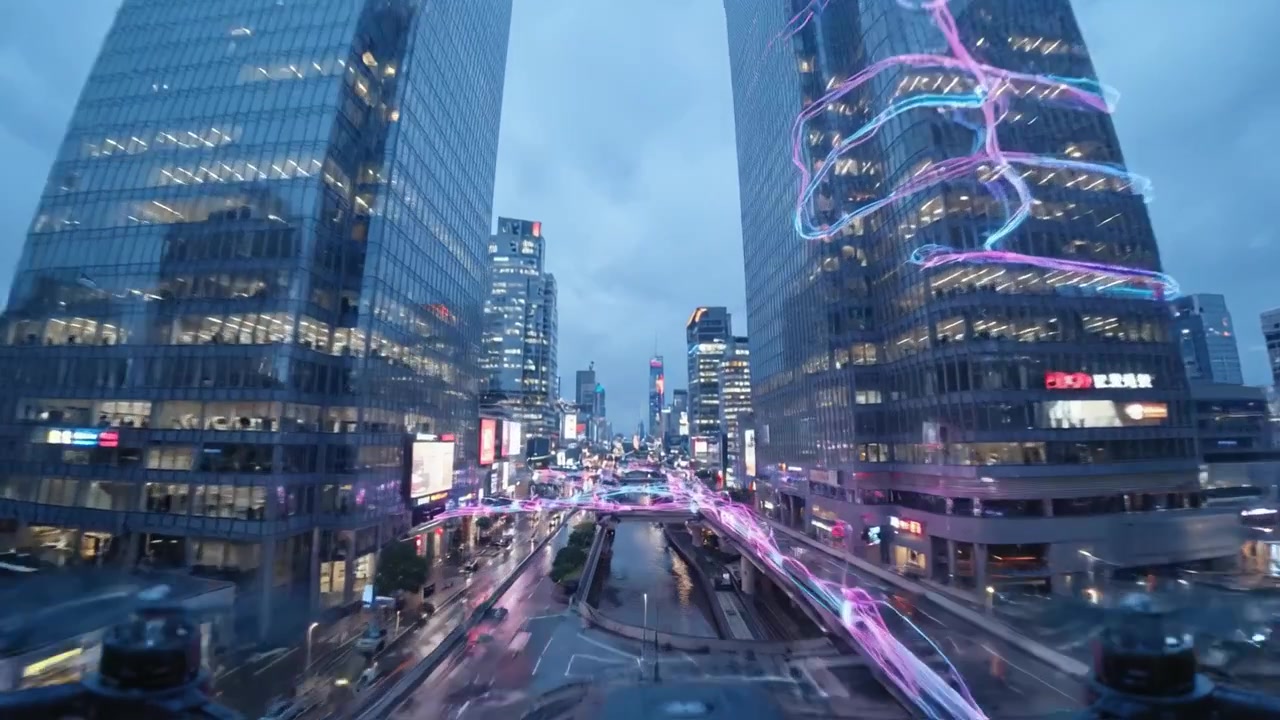 Dynamische Stadtlandschaft: Nächtliche Stadtansicht mit belebten Straßen und Neonlichtern, die die lebendige Atmosphäre des modernen Stadtlebens zur Schau stellt.
