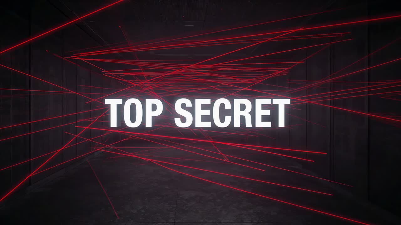 Displaying centered white TOP SECRET title in dim concrete tunnel, red lasers scanning haze on play