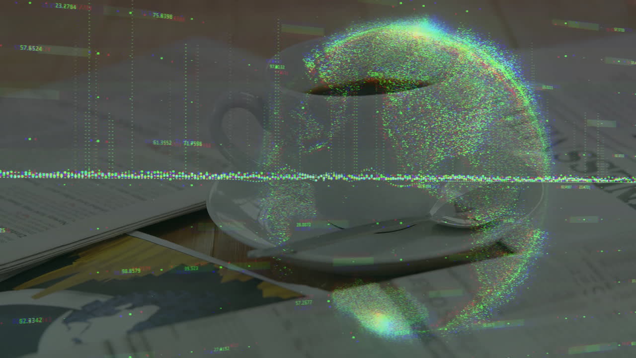 Showing white ceramic coffee cup on saucer with teaspoon, overlaying glitch lines and data globe