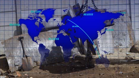 Animación-Del-Mapa-Mundial-Y-Números-Sobre-Un-Depósito-De-Chatarra-De-Automóviles