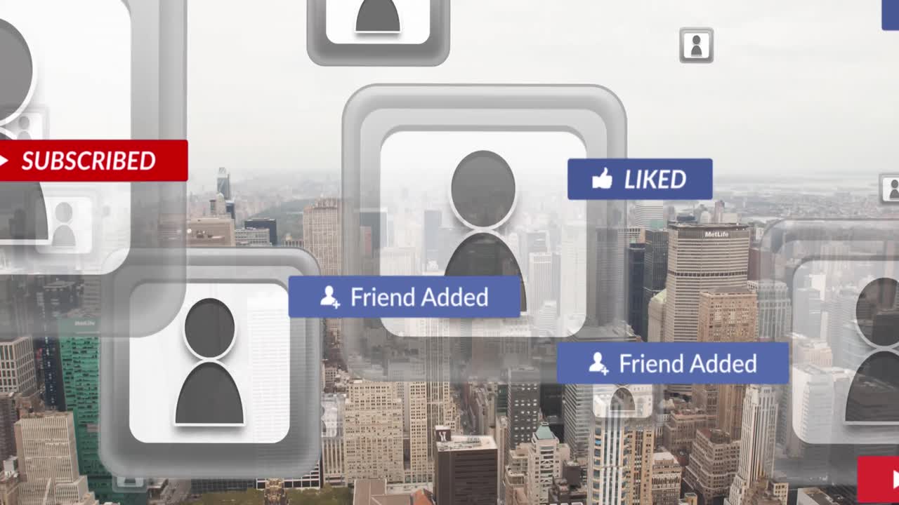 도시 풍경 위에 디지털 아이콘이 있는 배너에 있는 소셜 미디어 텍스트의 애니메이션