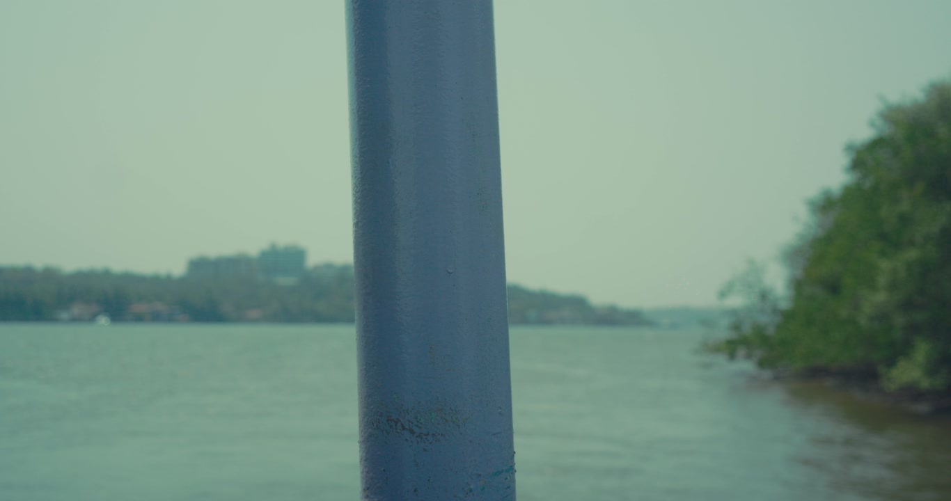 River view framed by foreground pole with soft focus shoreline and vegetation. Cinematic composition with depth and natural atmosphere, ideal for travel and environmental storytelling.