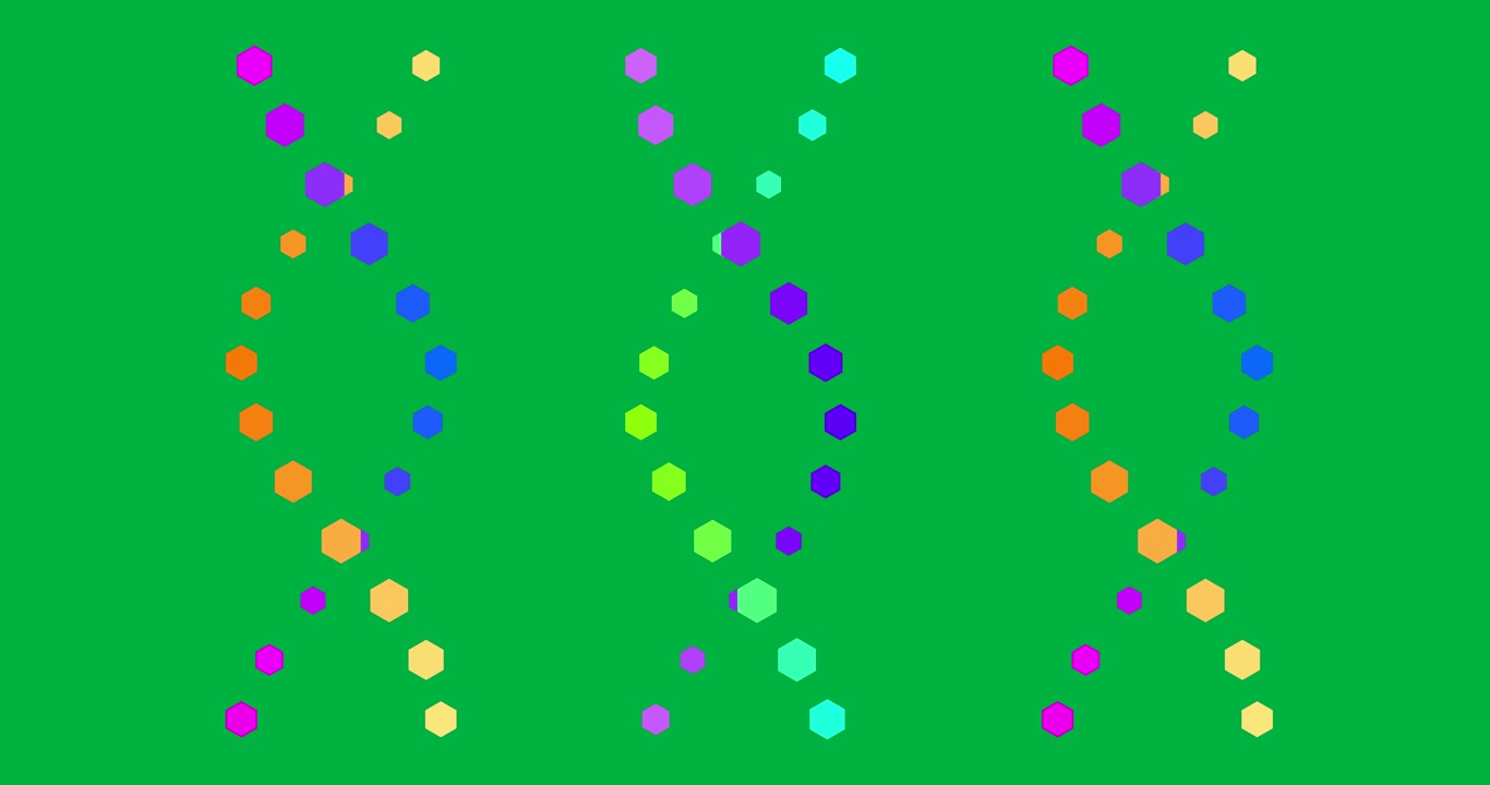 Animazione di DNA fatto di punti colorati su sfondo trasparente.