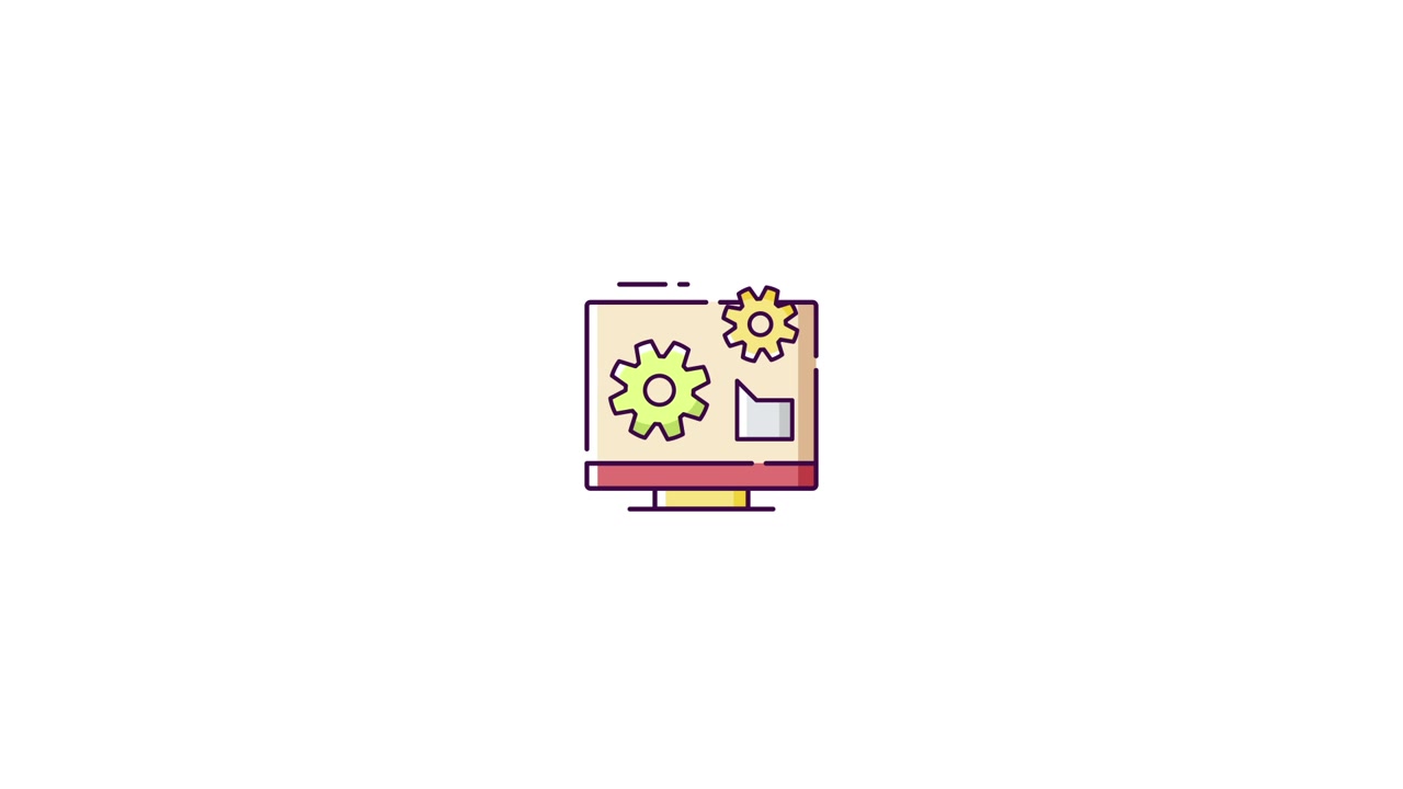 Animated Computer Monitor Icon with Rotating Gears and Folder