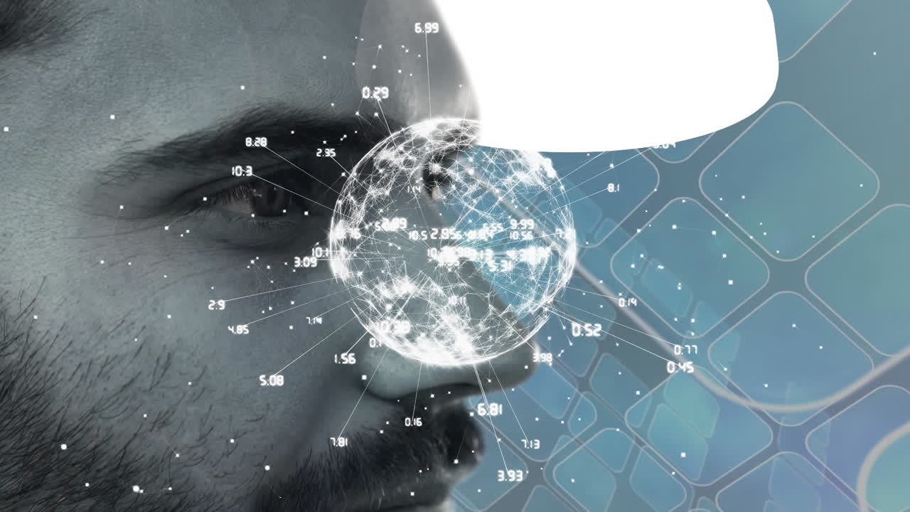 animación del globo con una red de conexión sobre la cara del hombre