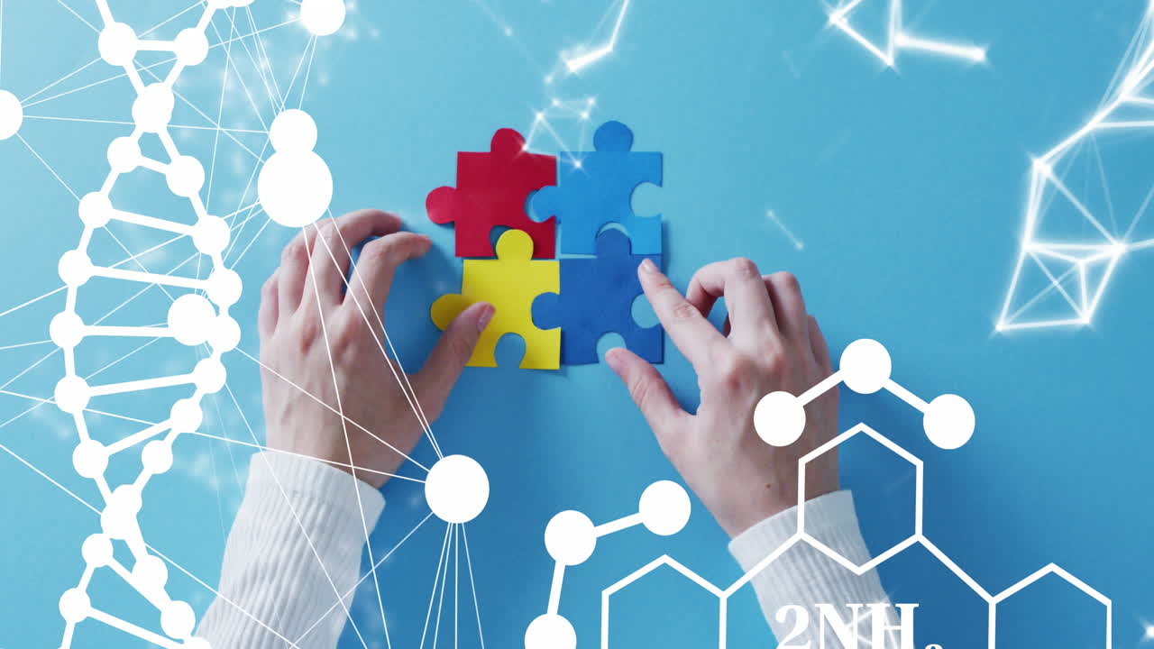 파란색 배경에 퍼즐 조각을 들고 있는 손 위에 dna 가닥과 화학 공식의 애니메이션