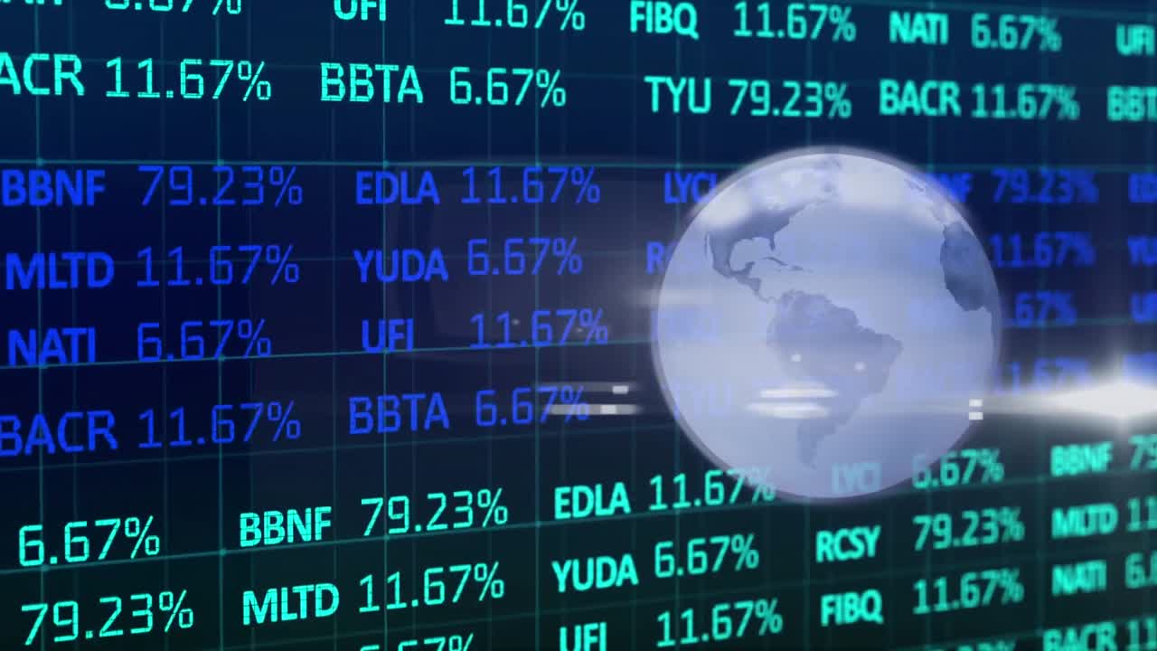Animation of globe and lens flares over trading board against abstract background