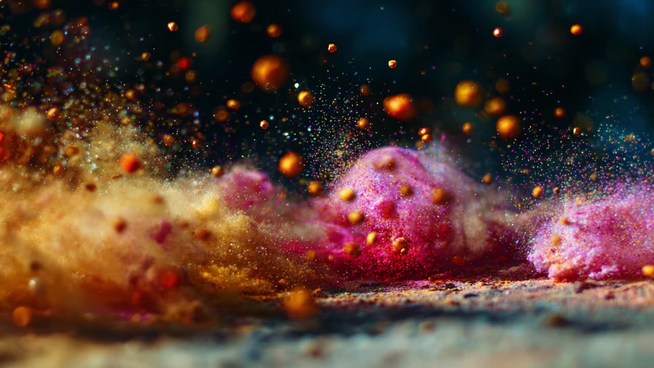 A mesmerizing display of vibrant color bursts and swirling particles captured in motion, showcasing the beauty of dynamic powders in a visually stunning scene of artistic expression