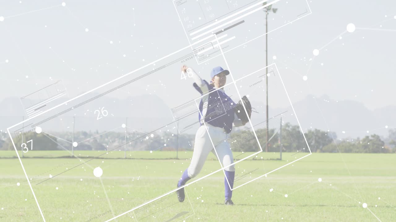 female softball player tracking incoming ball catching overhead throwing while HUD panels animate