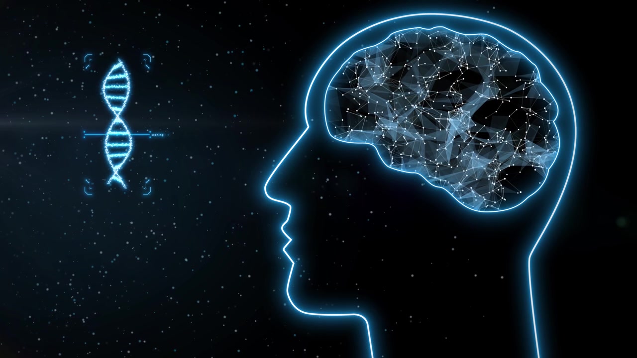 Vista di profilo di una testa e un cervello umani con connessioni in stile plesso e una molecola di DNA su sfondo nero. Canale alfa incluso