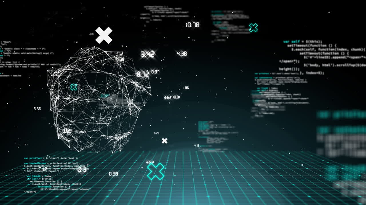Animation of data processing and globe on black background
