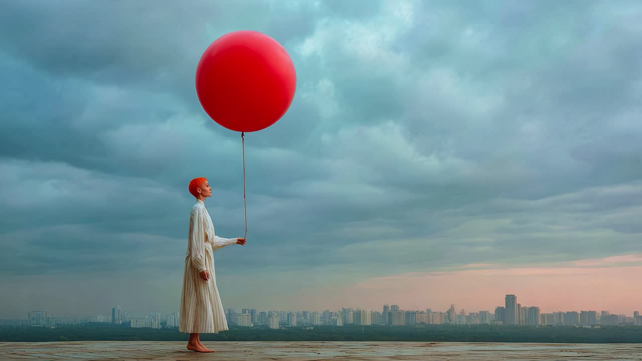 A contemplative figure stands against a dramatic sky, holding a large red balloon, surrounded by a sprawling urban skyline in the distance, evoking feelings of solitude and reflection