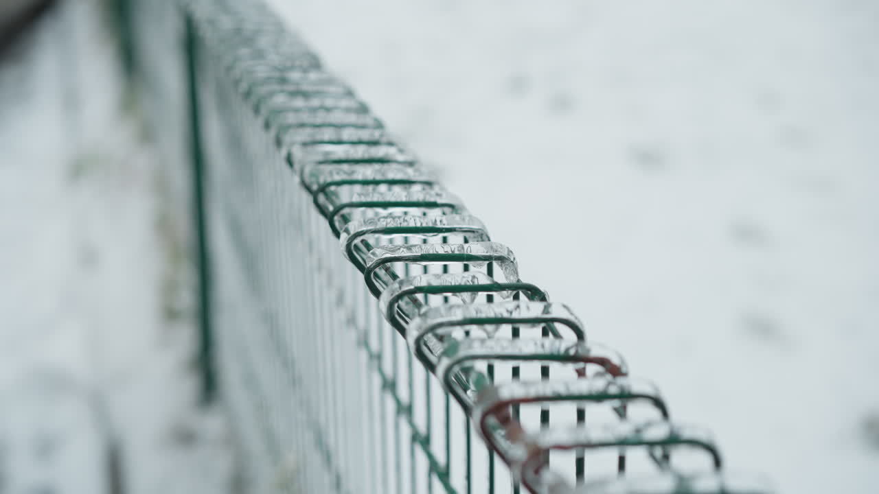 Close-up of green metal fence coated with ice, showcasing icicles hanging from the wires against a blurred snowy park background, emphasizing frozen textures and the stark coldness of winter