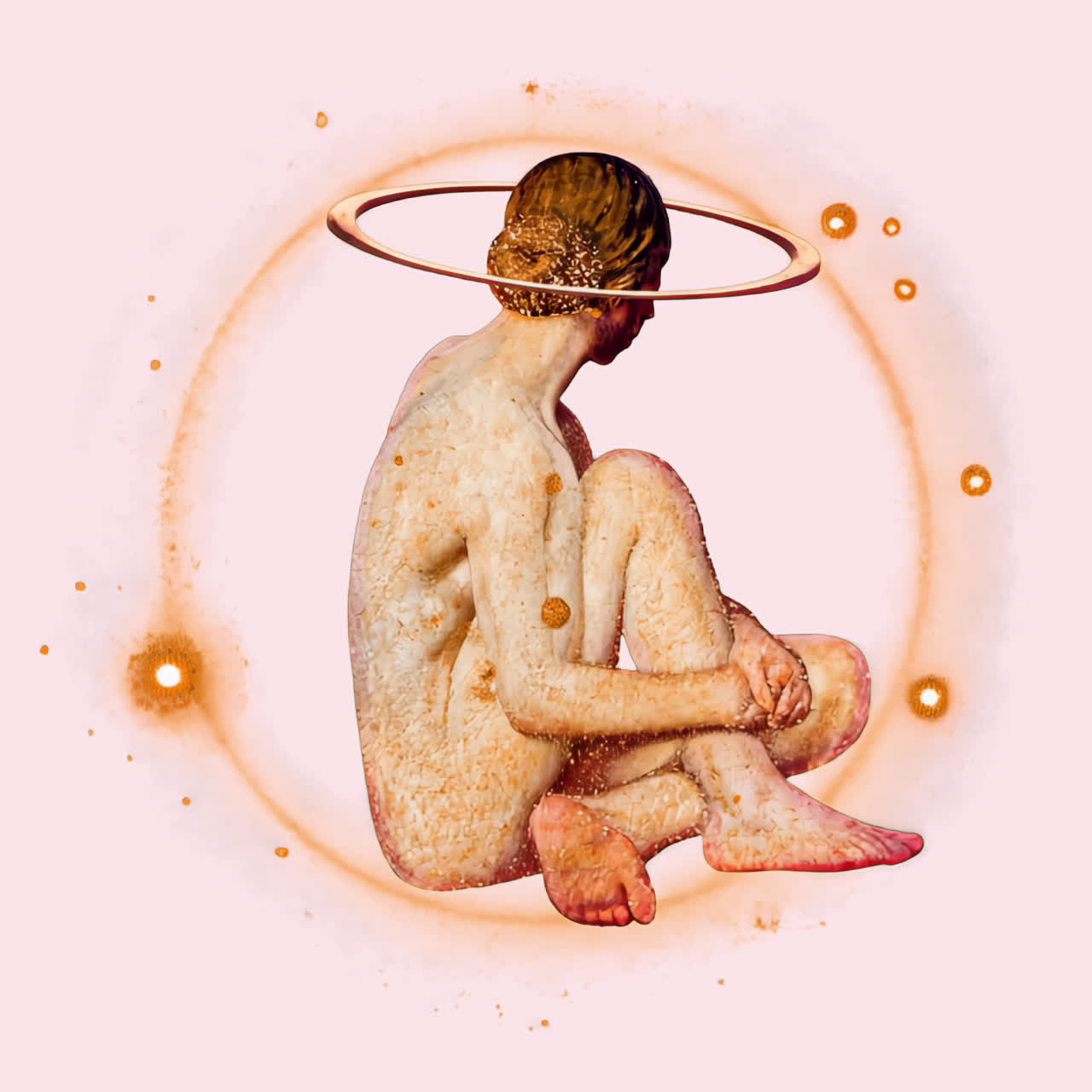 Figura umana astratta con alone dorato e particelle animate