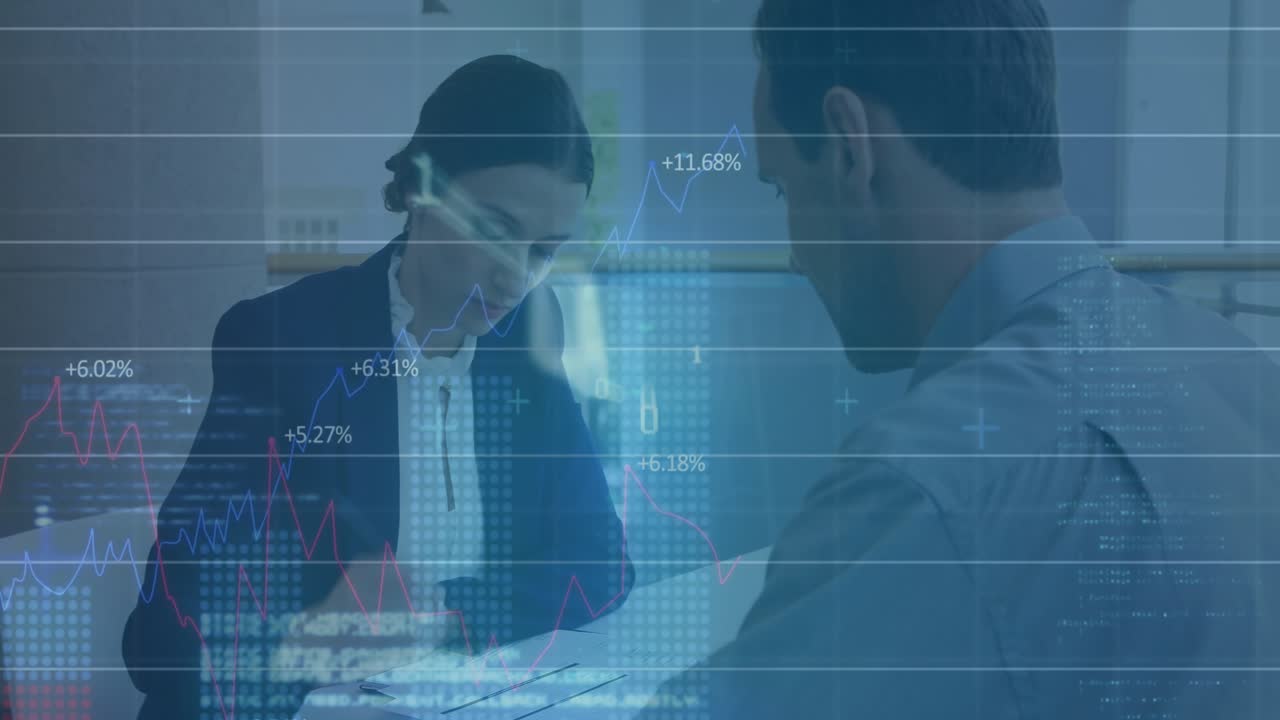 Animation of statistical data processing over caucasian businessman and businesswoman discussing