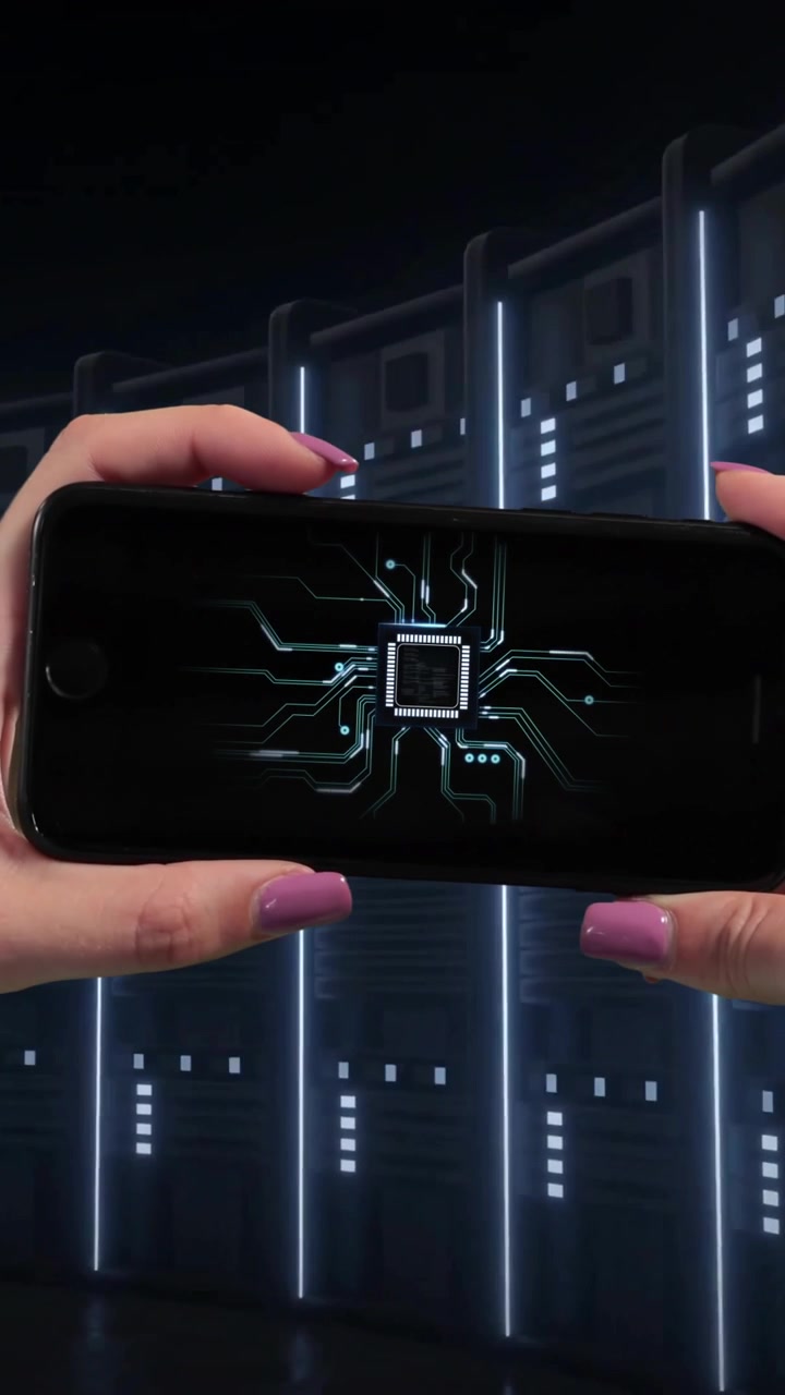 Holding smartphone with circuit board animation, person standing in server room