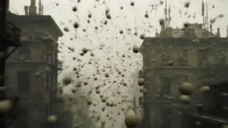 An Enigmatic Urban Landscape with Floating Spheres: A Visual Exploration of Motion and Atmosphere in a Gloomy Environment