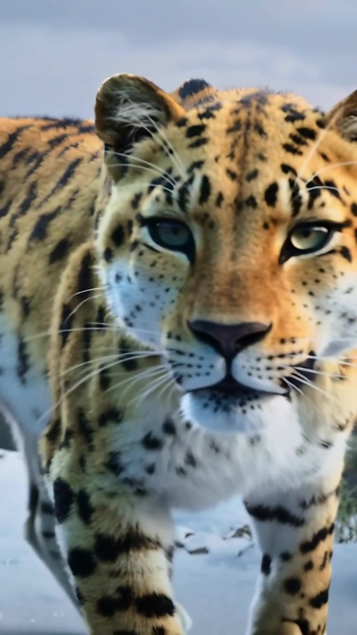 Vertical video: Walking spotted leopard approaching camera recording in snowy clearing with rocks