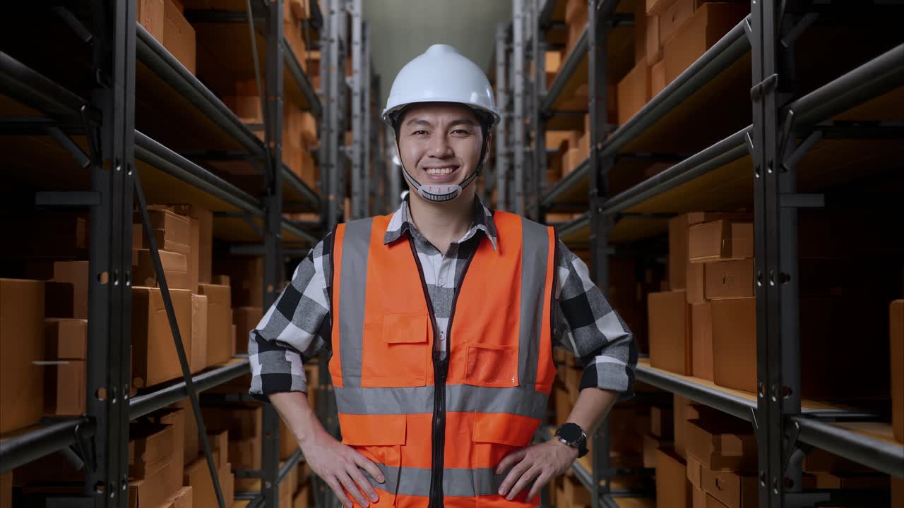 ingeniero masculino asiático con casco de seguridad sonriendo a la cámara mientras está de pie con los brazos akimbo en el almacén con estantes llenos de mercancías de entrega