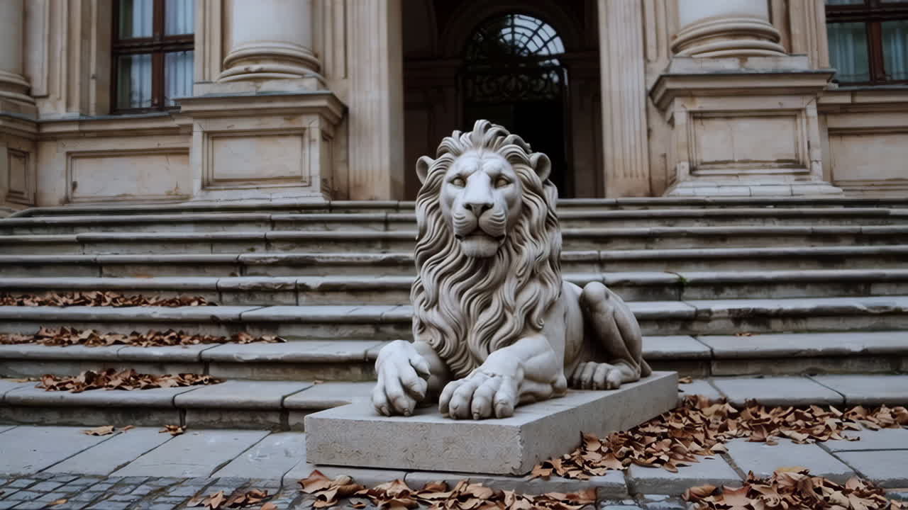 estatua de león frente a un gran edificio