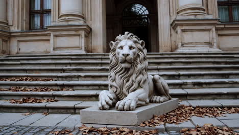lion statue in front of a grand building